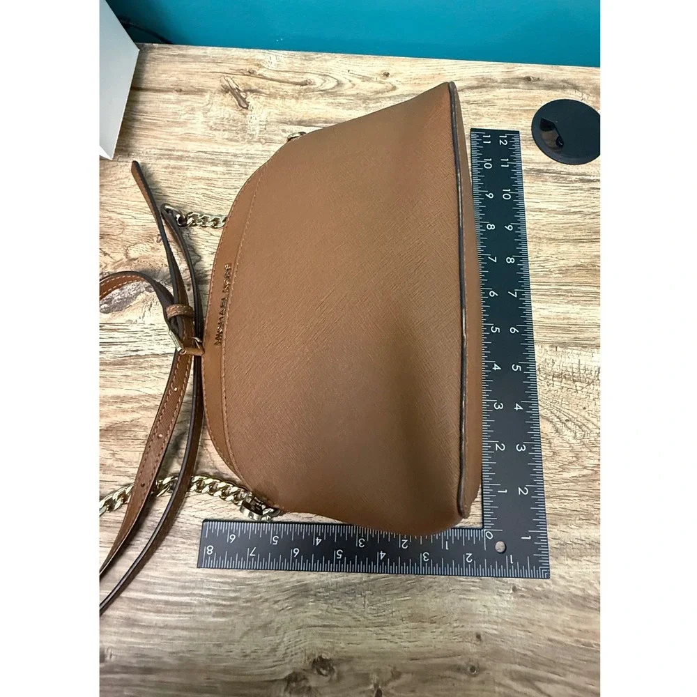 Michael Kors Dome Crossbody Bag Womens Brown Saffiano Leather Gold Chain Minimal